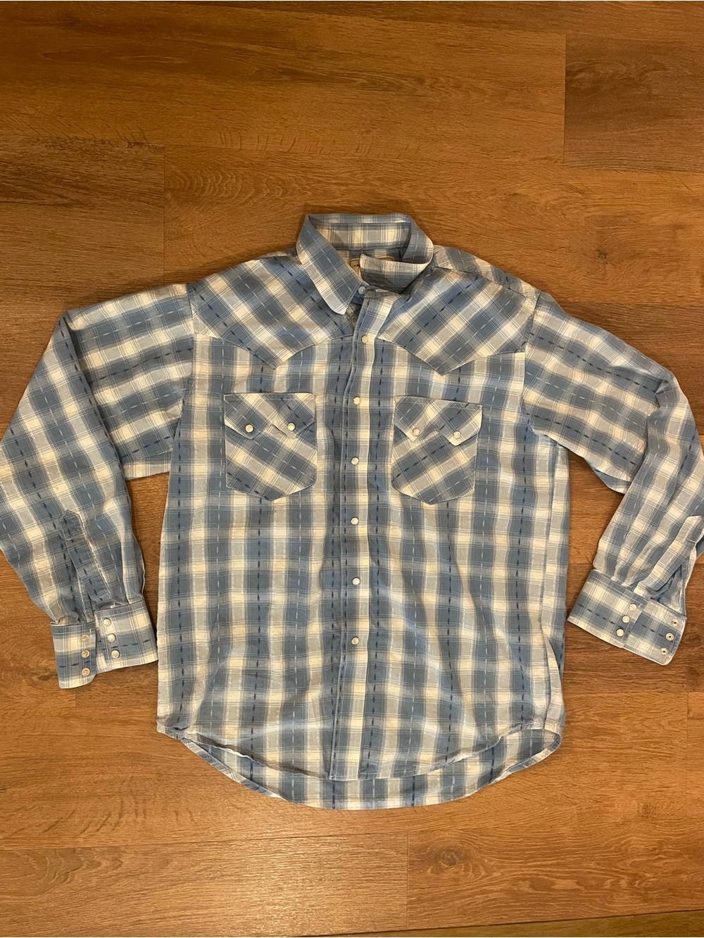 Vintage Wrangler American Cowboys Pearl Snap Western Long Sleeve Blue Plaid Med
